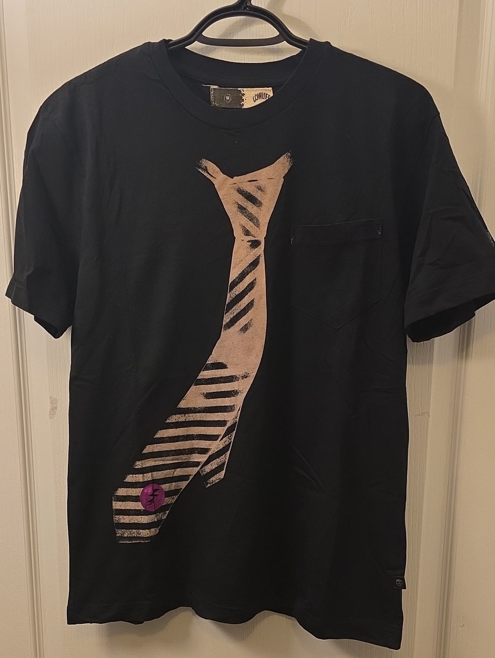 Men's Black Graphic Pocket T-Shirt with Beige Tie Print